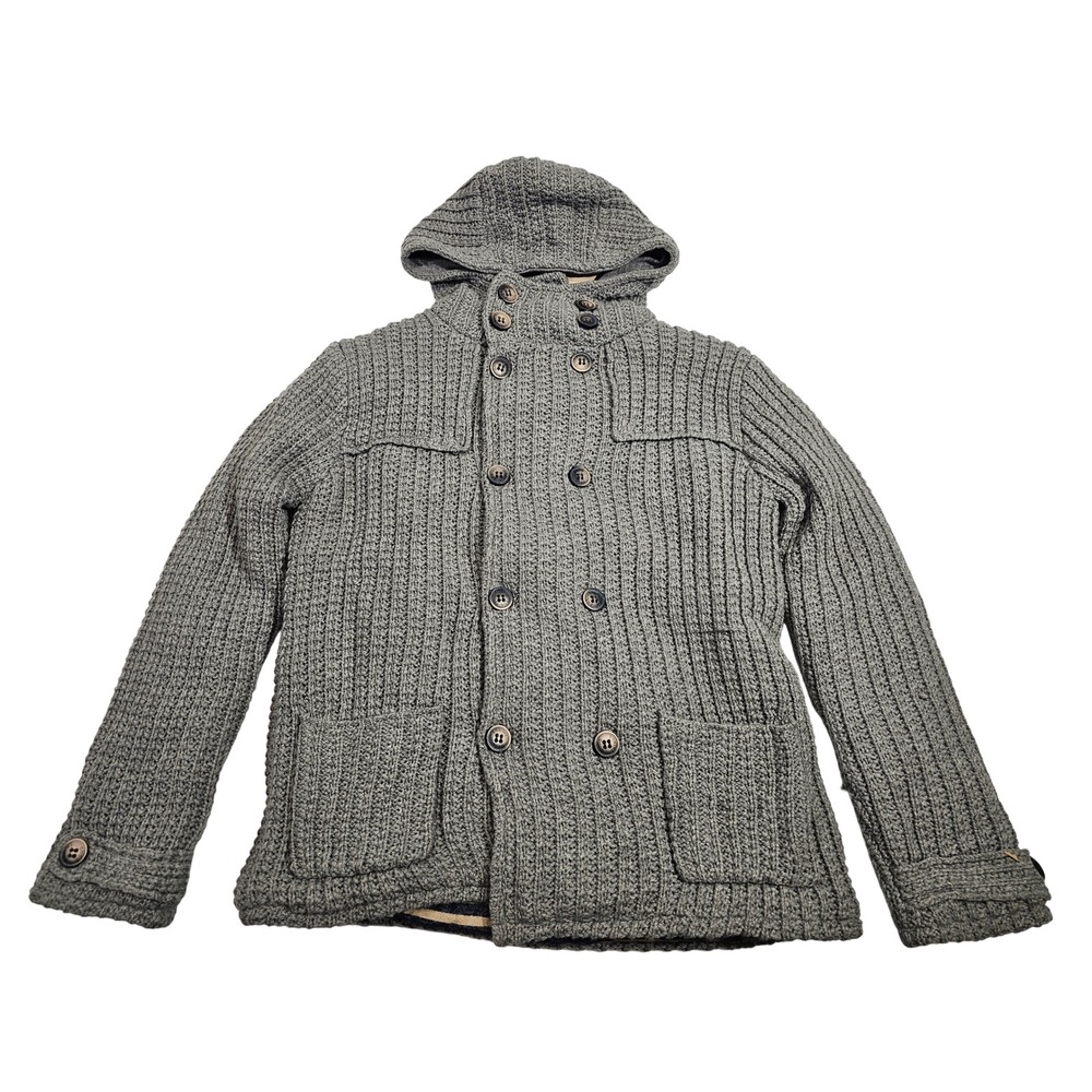 Zara Knitwear Hooded Cardigan Jacket Boys 13-14 Gray Double Breasted Ribbed Coat